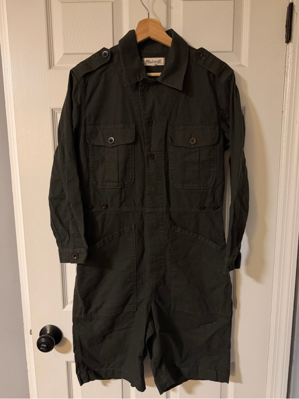 Madewell Green Military Style Romper Long Sleeve Shorts